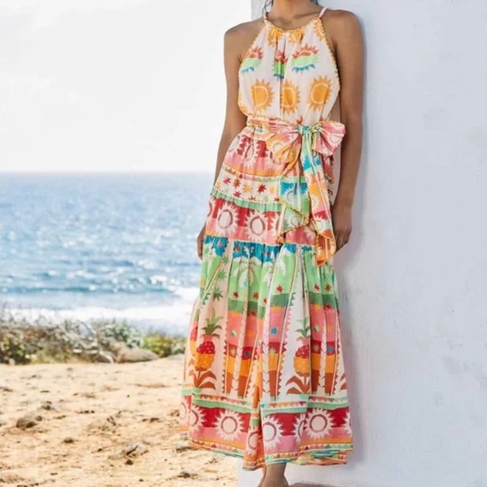 FARM Rio Multicolor Sun & Palm Maxi Dress - Cream, Pink, Green, Orange, Blue